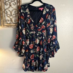 Betsey Johnson Blue Colorful Floral SunDress Knee Length Peplum Tie Waist Size 6